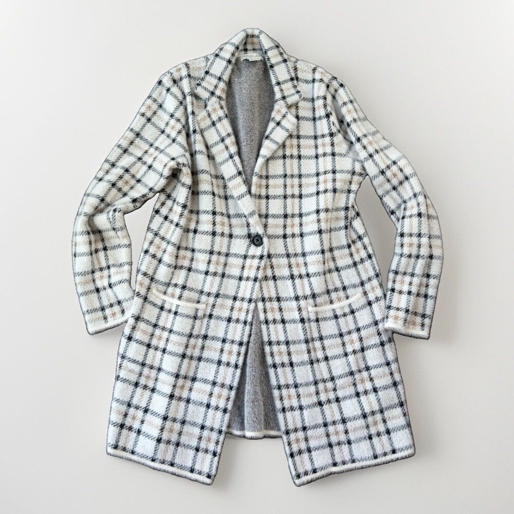 Rachel Zoe Plaid Cardigan Sweater Large Womens Black White Knit Coatigan Jacket